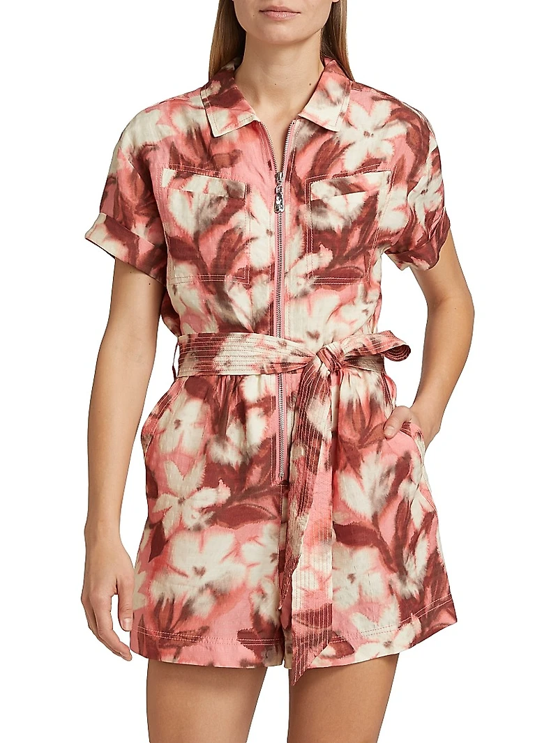 Skye Abstract Linen-Blend Tie-Waist Romper