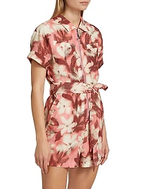 Skye Abstract Linen-Blend Tie-Waist Romper