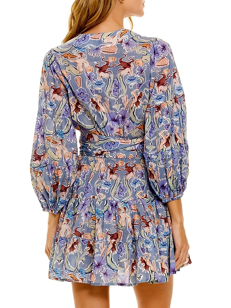 Eloise Calypso Mermaid-Print Cotton Tie-Waist Minidress