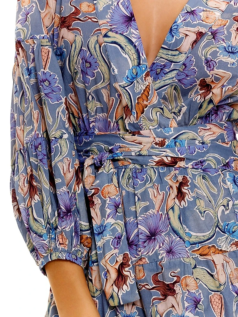 Eloise Calypso Mermaid-Print Cotton Tie-Waist Minidress