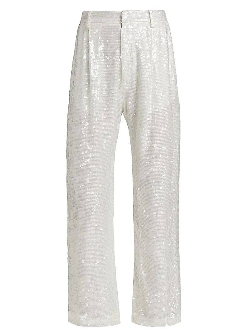 Sequined Straight-Leg Crop Pants