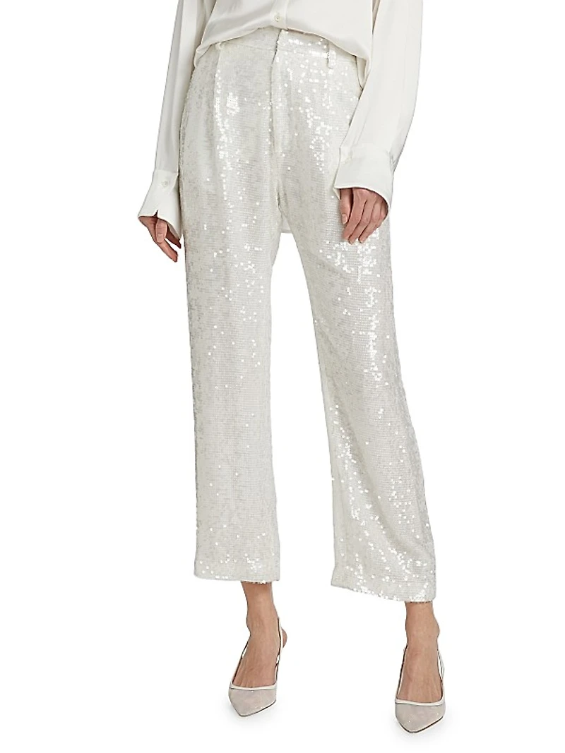 Sequined Straight-Leg Crop Pants