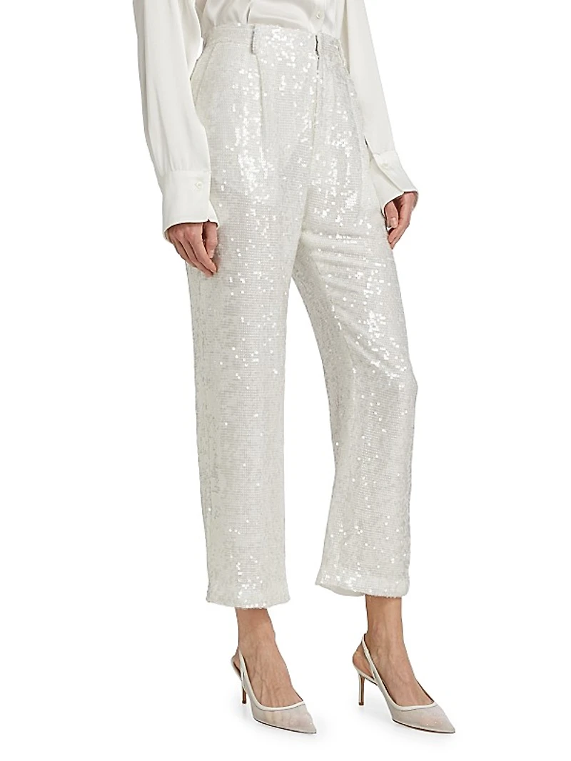 Sequined Straight-Leg Crop Pants