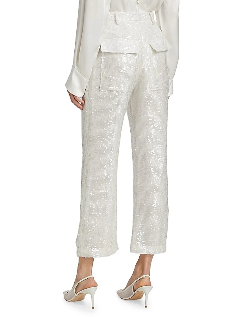 Sequined Straight-Leg Crop Pants