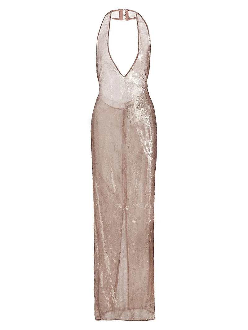 Sheer Sequined Plunging V-Halterneck Column Gown