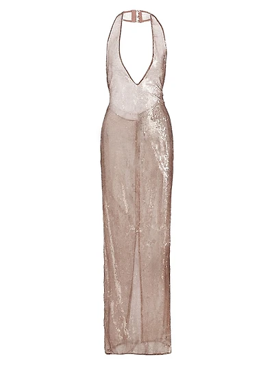 Sheer Sequined Plunging V-Halterneck Column Gown
