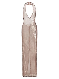 Sheer Sequined Plunging V-Halterneck Column Gown