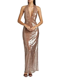 Sheer Sequined Plunging V-Halterneck Column Gown