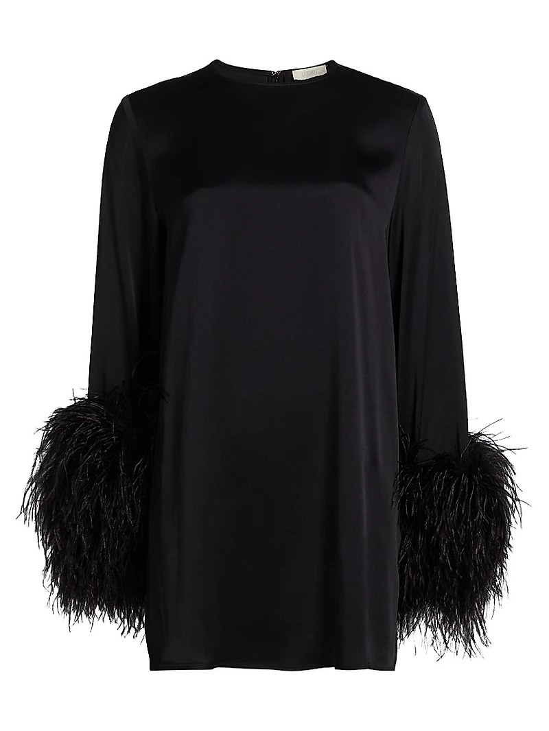 Double-Face Satin Feather-Cuff Minidress