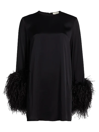 Double-Face Satin Feather-Cuff Minidress
