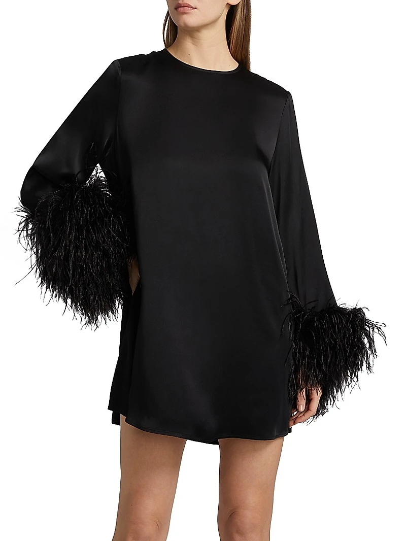 Double-Face Satin Feather-Cuff Minidress