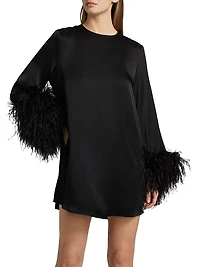 Double-Face Satin Feather-Cuff Minidress