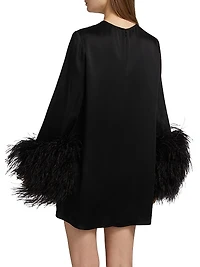 Double-Face Satin Feather-Cuff Minidress