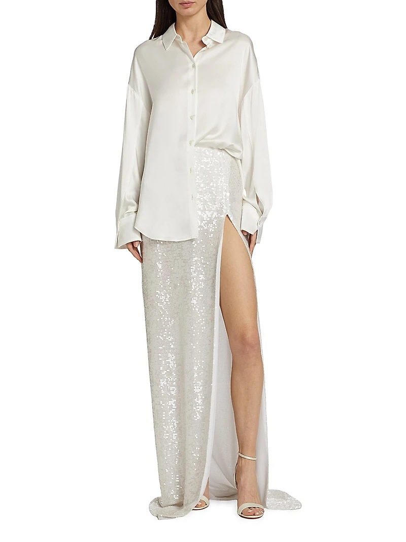 Multi-Way Double-Faced Satin Button-Front Shirt