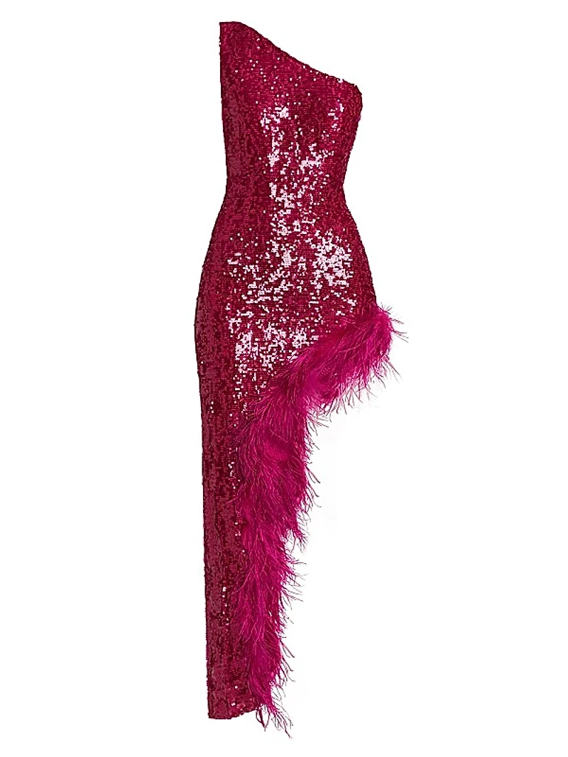 Sequin Feather One-Shoulder Midi Dress