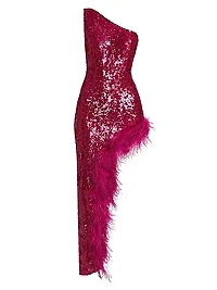 Sequin Feather One-Shoulder Midi Dress