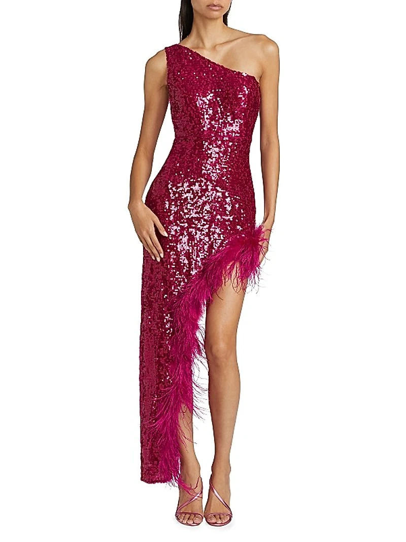 Sequin Feather One-Shoulder Midi Dress