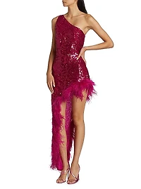 Sequin Feather One-Shoulder Midi Dress