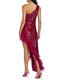 Sequin Feather One-Shoulder Midi Dress