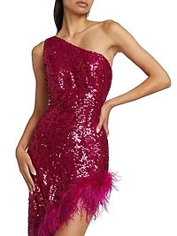Sequin Feather One-Shoulder Midi Dress