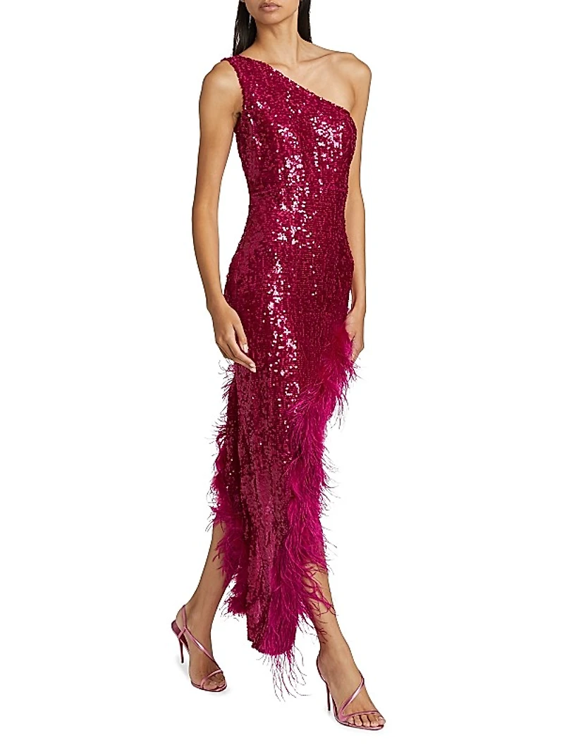 Sequin Feather One-Shoulder Midi Dress