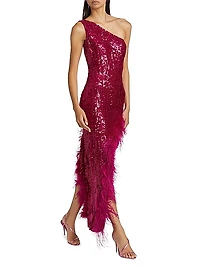 Sequin Feather One-Shoulder Midi Dress