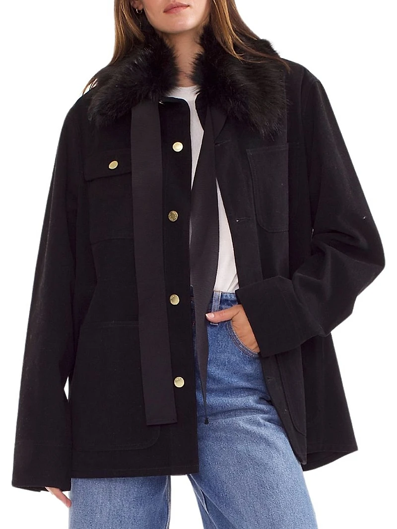 Removable Faux Fur Collar Cotton Twill Jacket
