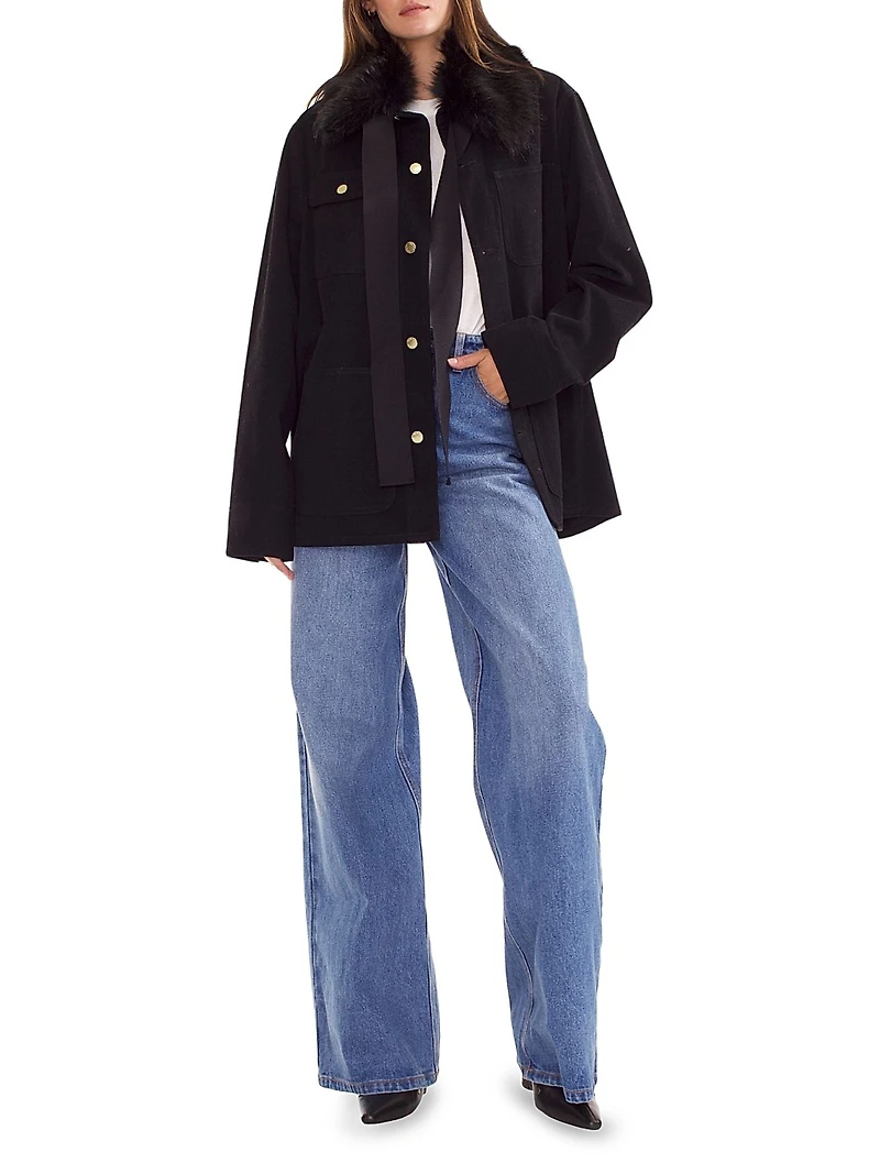 Removable Faux Fur Collar Cotton Twill Jacket