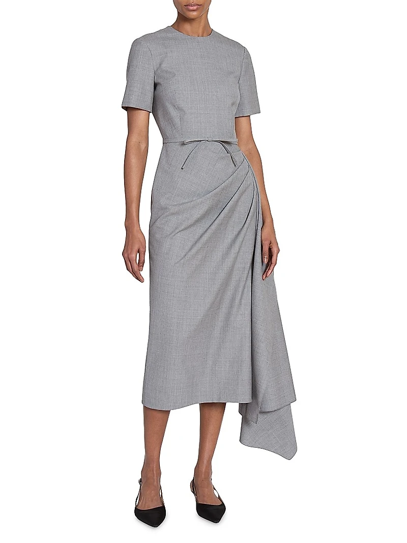 Wool Draped Short-Sleeve Midi-Dress