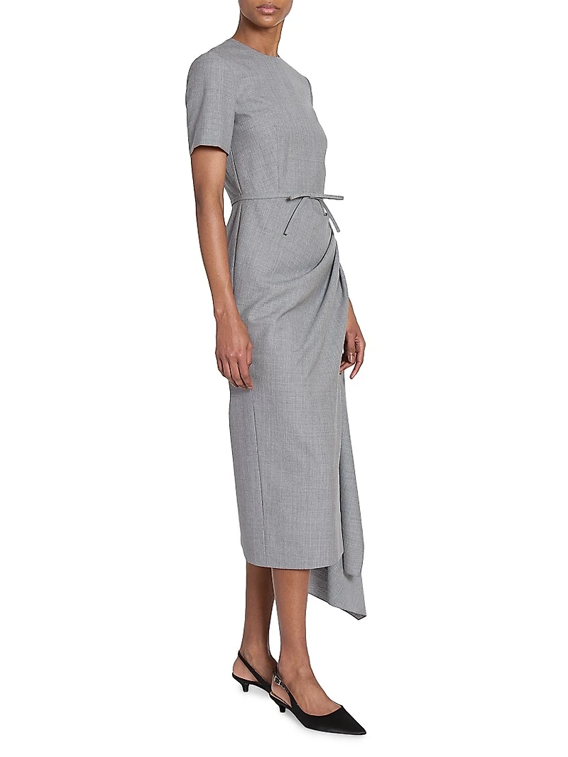 Wool Draped Short-Sleeve Midi-Dress