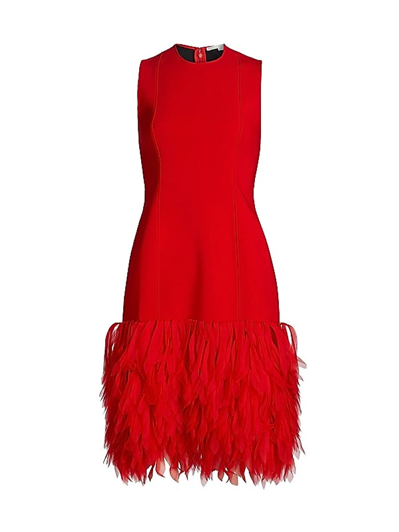 Faux Feather-Trimmed Sleeveless Midi-Dress