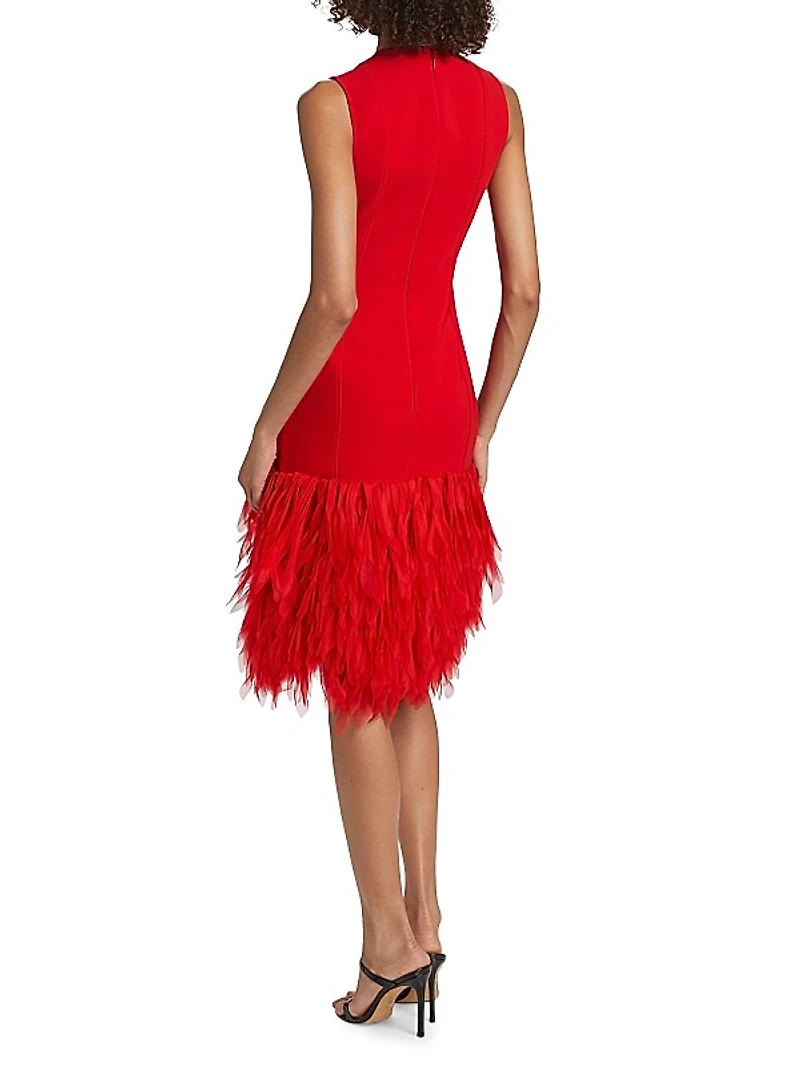 Faux Feather-Trimmed Sleeveless Midi-Dress