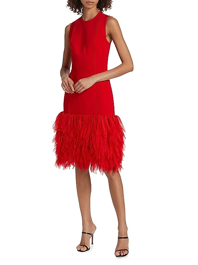 Faux Feather-Trimmed Sleeveless Midi-Dress