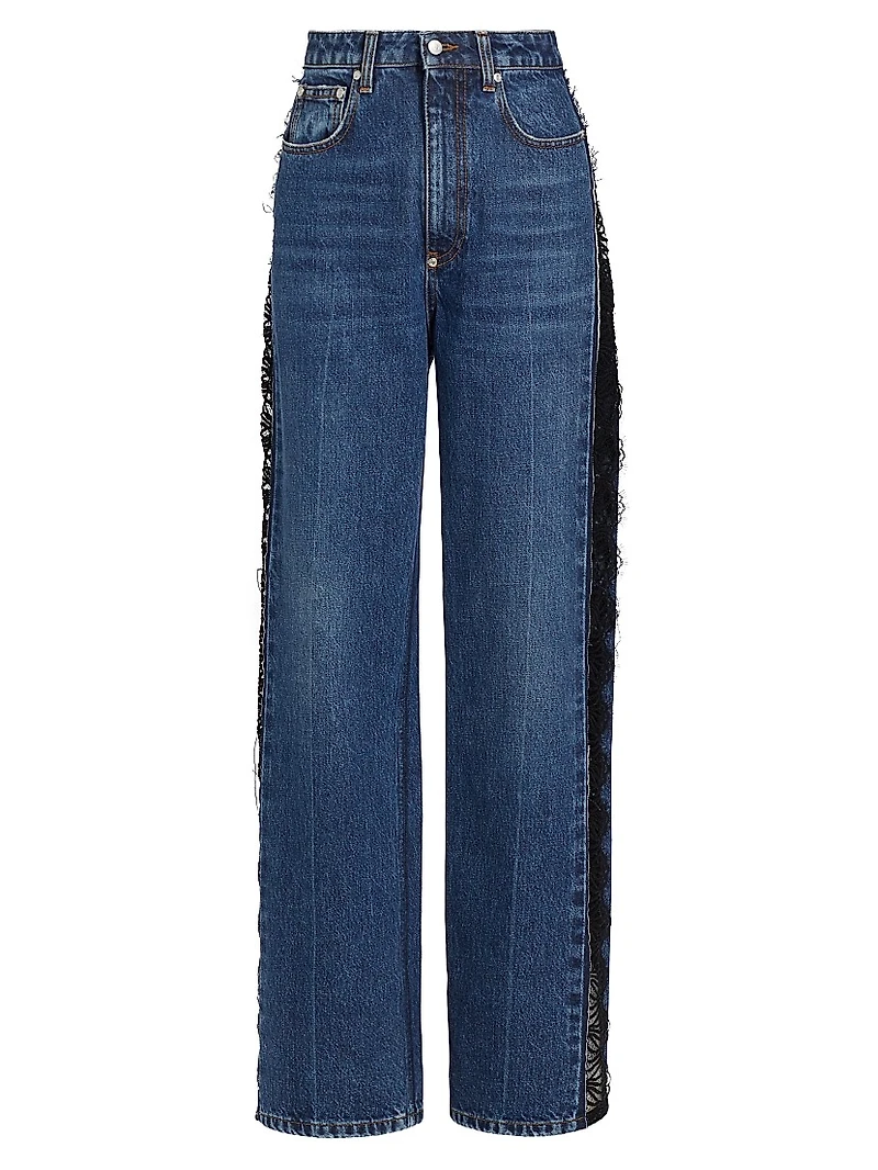 Lace-Detailed Rigid Straight Jeans