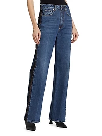 Lace-Detailed Rigid Straight Jeans
