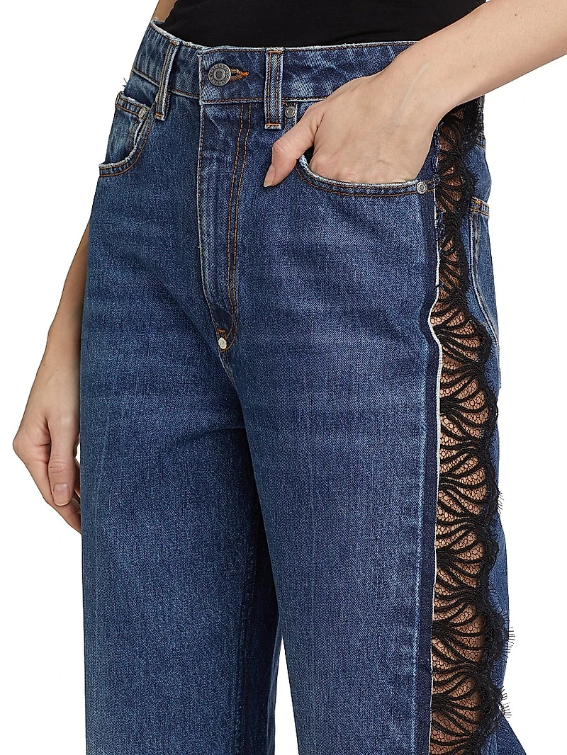 Lace-Detailed Rigid Straight Jeans