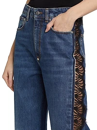 Lace-Detailed Rigid Straight Jeans