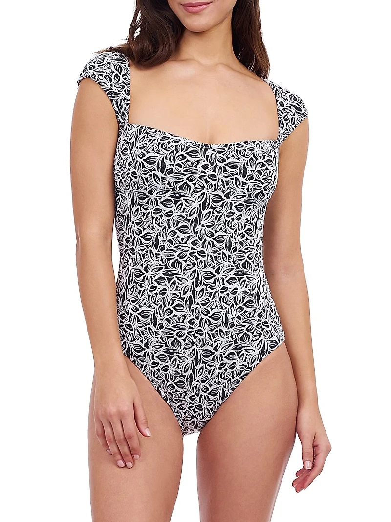 Plumeria Floral Cap-Sleeve One-Piece Swimsuit