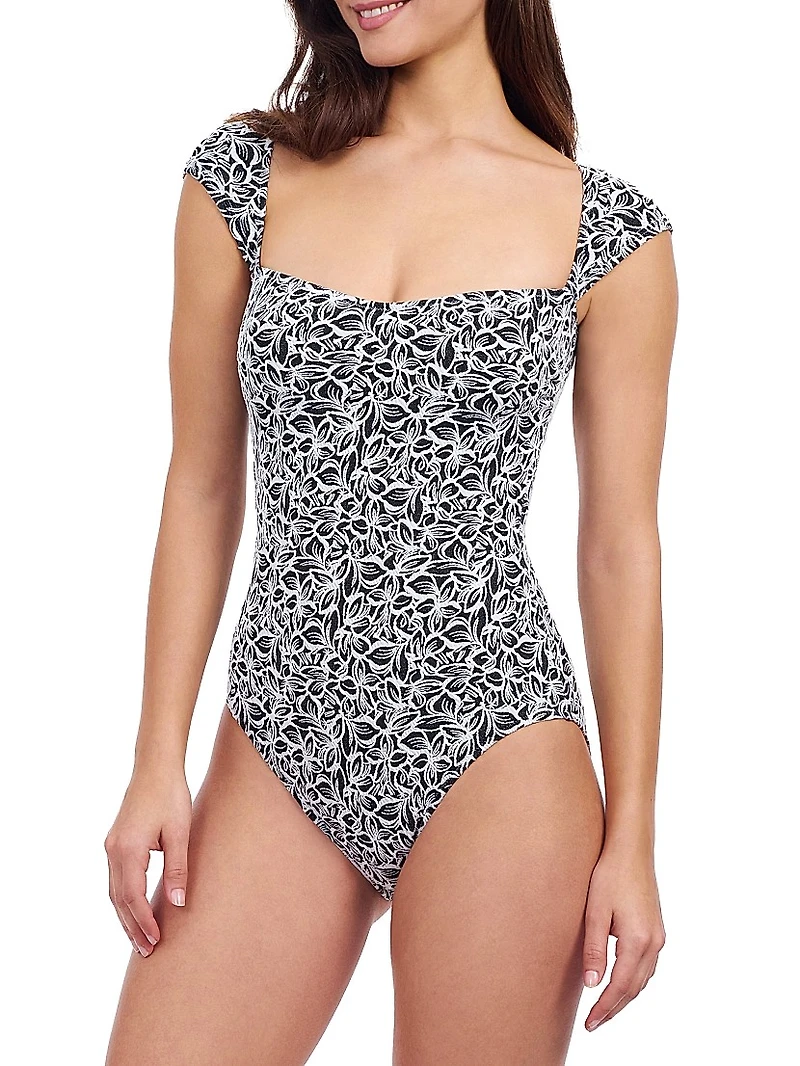 Plumeria Floral Cap-Sleeve One-Piece Swimsuit