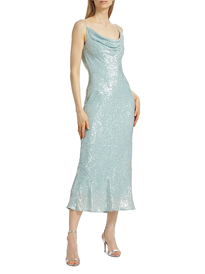 Sequin Viscose Cowlneck Midi-Dress