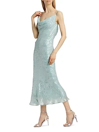 Sequin Viscose Cowlneck Midi-Dress