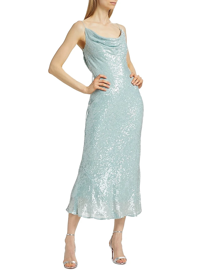 Sequin Viscose Cowlneck Midi-Dress