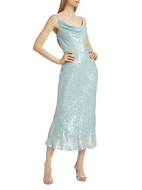 Sequin Viscose Cowlneck Midi-Dress