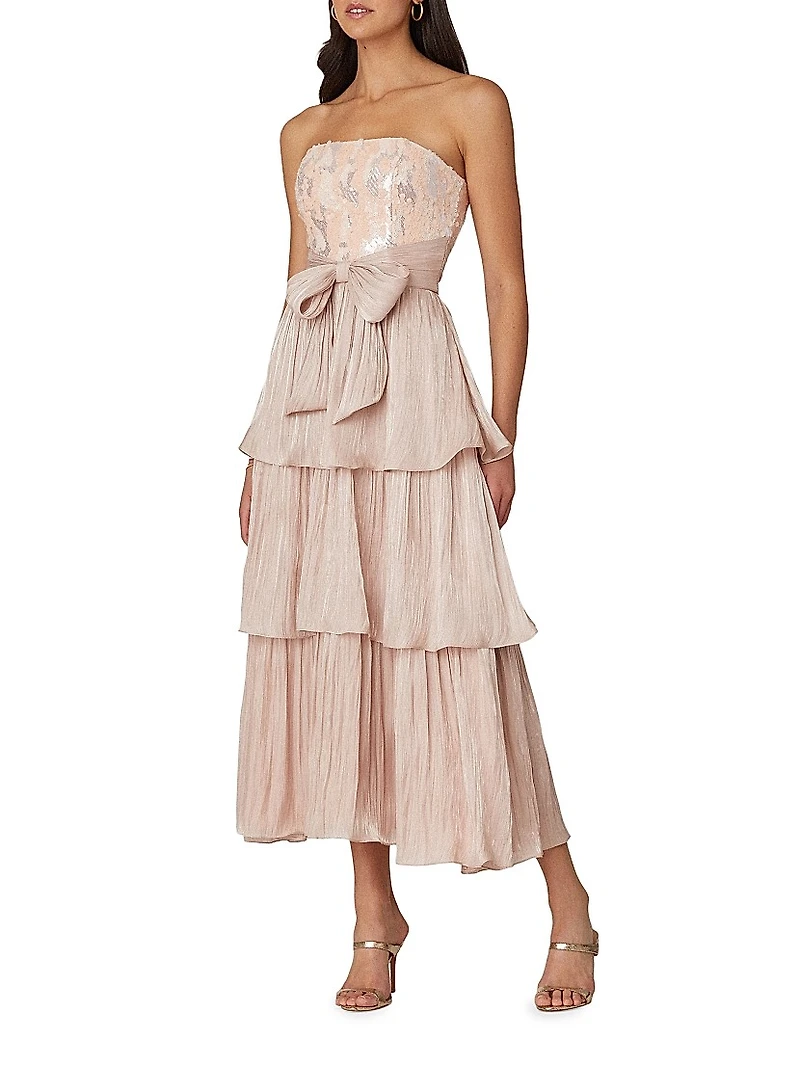 Pearl Sequined Strapless Midi-Dress