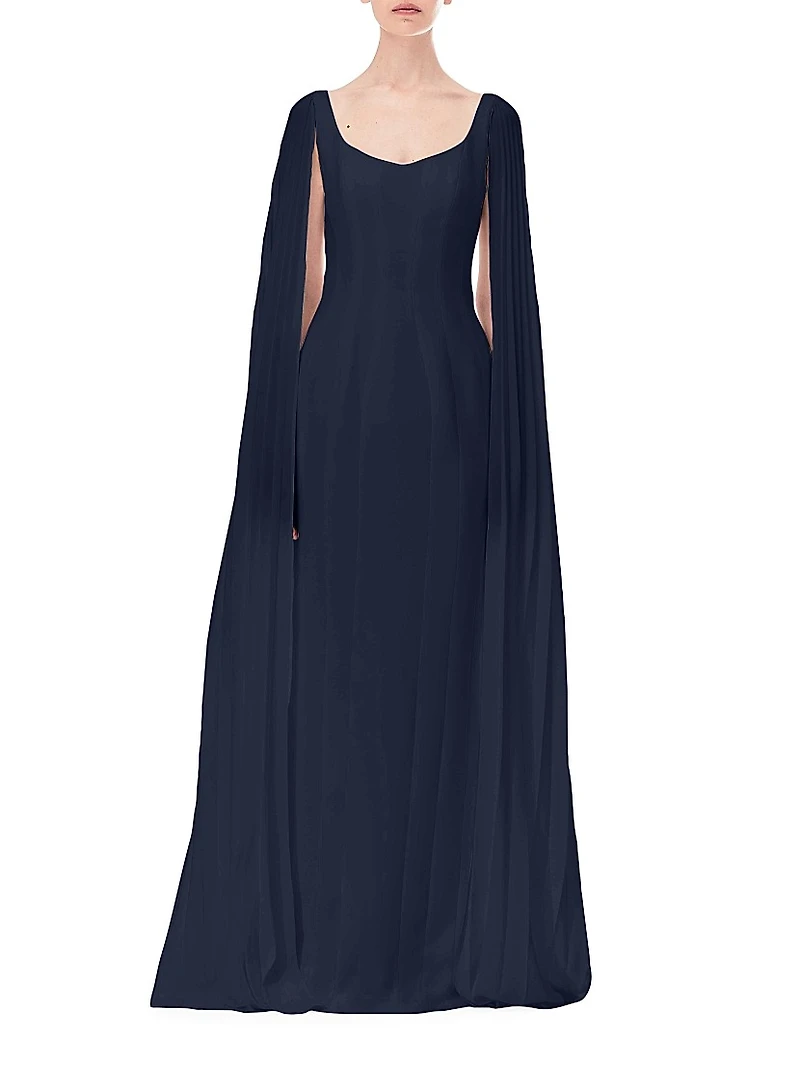Crepe Pleated Cape-Sleeve Maxi Dress