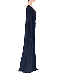 Crepe Pleated Cape-Sleeve Maxi Dress