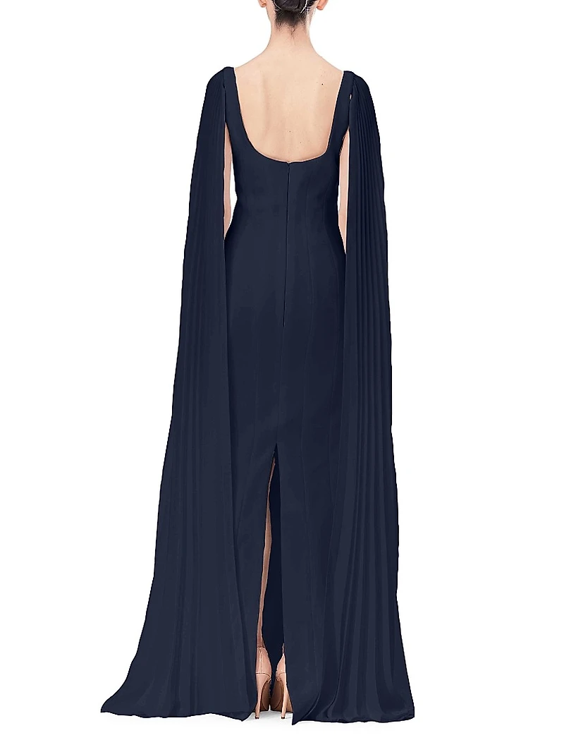 Crepe Pleated Cape-Sleeve Maxi Dress