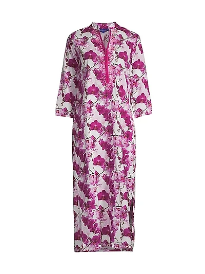 Clorinda Orchid-Print Cotton Midi-Dress