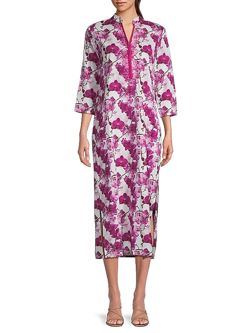 Clorinda Orchid-Print Cotton Midi-Dress
