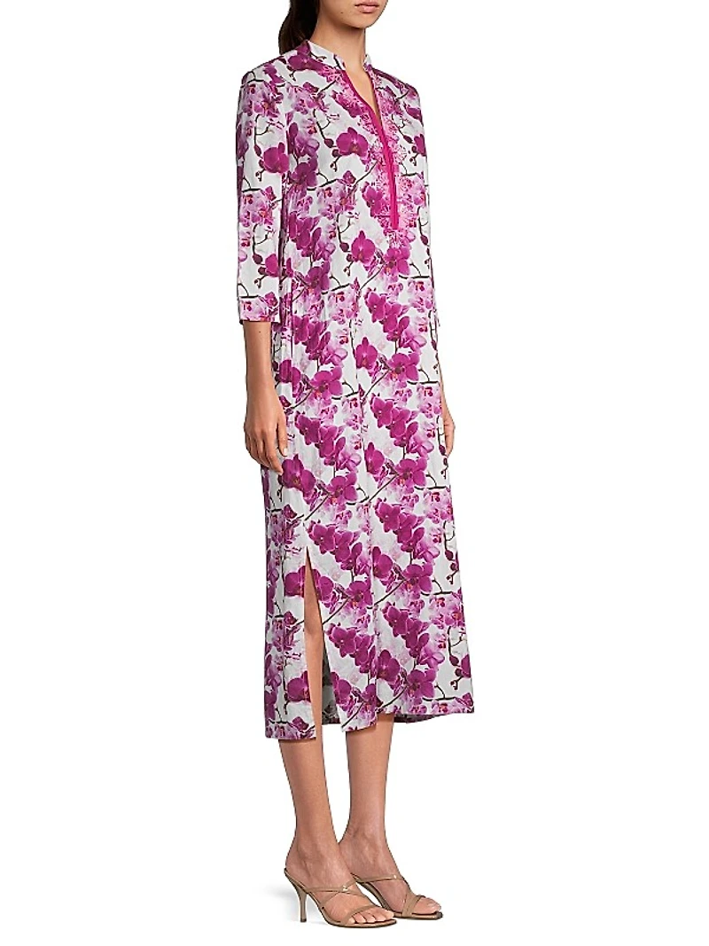 Clorinda Orchid-Print Cotton Midi-Dress